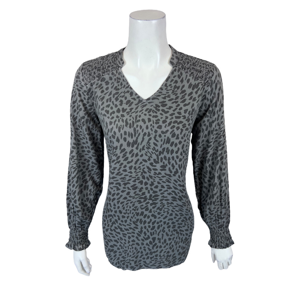 Side Stitch Women's Pullover Smocked Yoke Printed Tunic Top Grey XX-Small Size